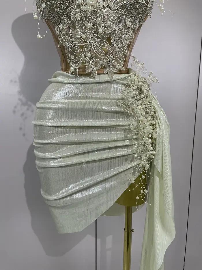 STOCK luxe perles brillantes Sexy jupe asymétrique 2 pièces ensemble 2025 femmes soirée fête d'anniversaire scène danseur Performance Costume