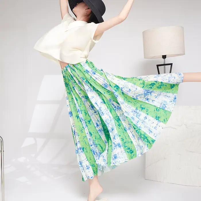 Miyake Organza jupe femme demi-jupe 2025 été nouveau sens senior plissé imprimé taille élastique a-ligne