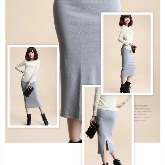 Hiver femmes jupe taille haute Stretch crayon longue fente avant