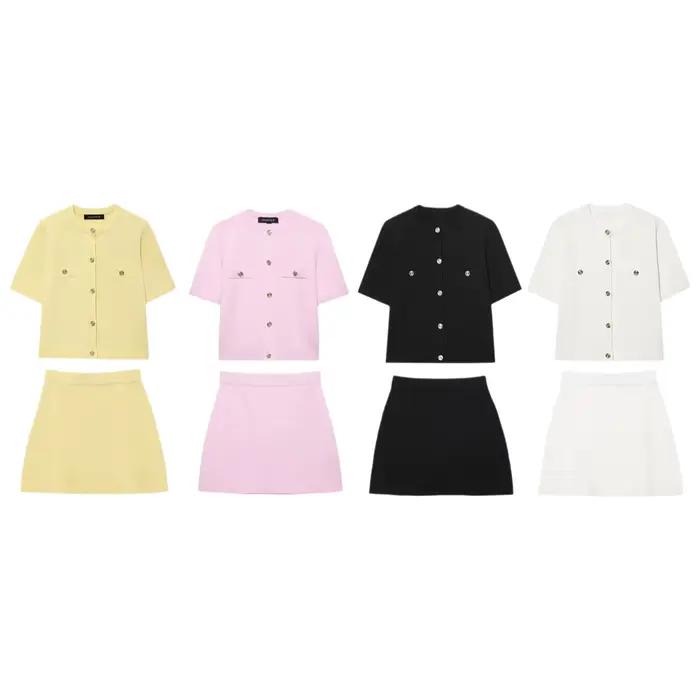 Ensemble jupe courte et haut tricoté à manches courtes pour femme