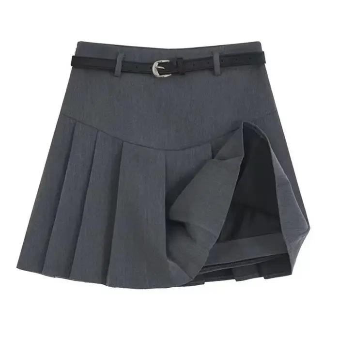 Jupe mini a-ligne femme décontractée haute empire printemps été acrylique polyester solide drap fin café gris noir