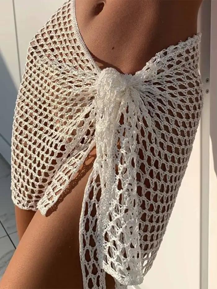 Femmes jupe de plage évidé solide noir blanc jaune vert tricoté Mini