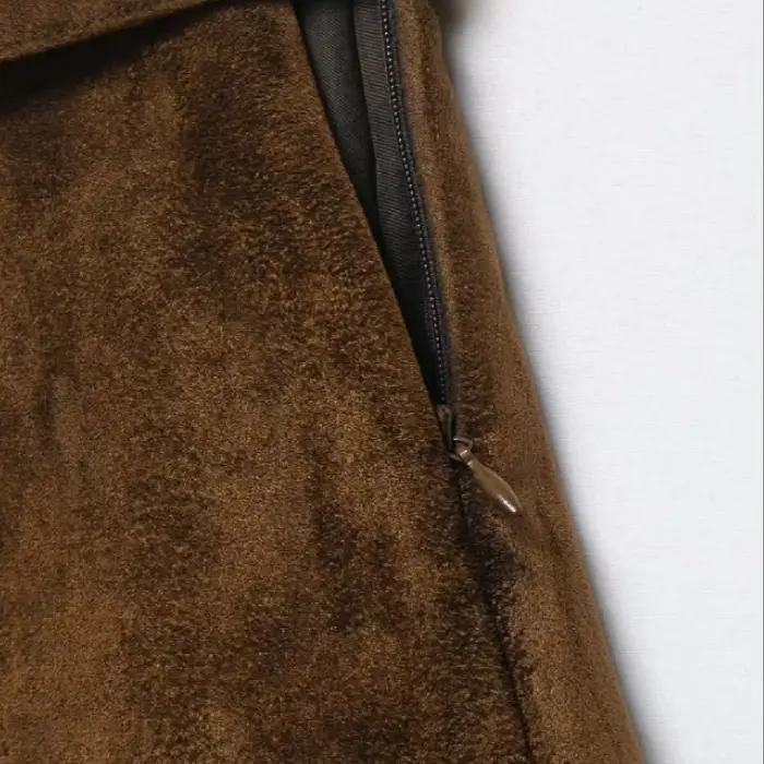 Jupe trapèze marron en daim taille haute amincissante pour femme avec ceinture