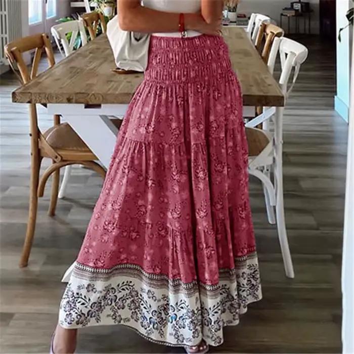 Jupe ample fleurie style bohème pour femmes, polyester extensible, longueur cheville, décontracté toute saison, multicolore