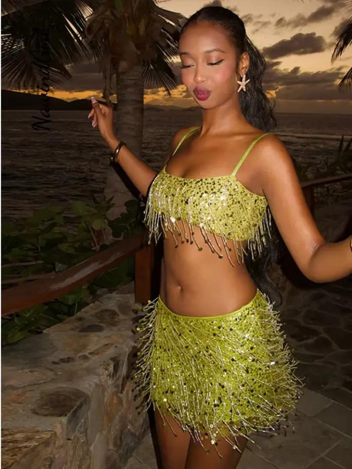 Ensemble jupe à franges à paillettes pour femmes