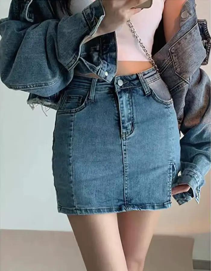 Jupe en jean vintage high-waisted fendue pour femmes, style coréen, mode courte, été, coupes ajustées, noir, bleu, blanc, gris