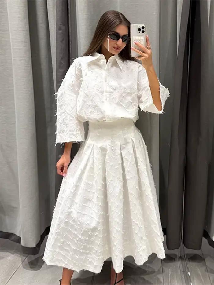 Élégant Franges Chemise Jupe Ensemble Femmes Demi Manches Revers Simple Boutonnage Chemises A-Ligne Jupes Longues Costume 2025 Été Dame Ensembles Moderne et Pratique Pour Femmes Occasions Spéciales