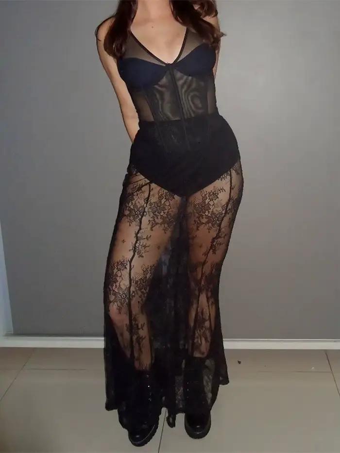 Jupe d'été en dentelle transparente pour femmes style Y2K pour cocktails, plage, fêtes et occasions spéciales en polyester et élasthanne