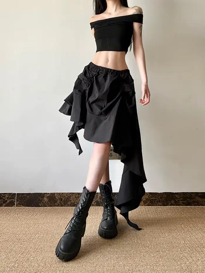 [EAM] taille haute élastique noir conception irrégulière volants Mini demi-corps jupe femmes mode marée nouveau printemps automne 2026 1DJ0530