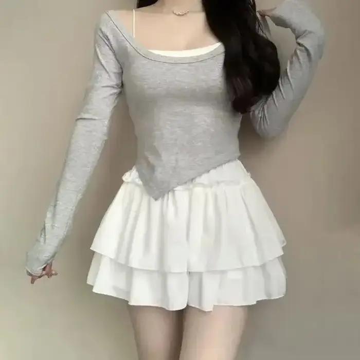Été Kawaii blanc volants jupe femmes mode coupe ajustée en mousseline de soie Mini jupes Giris Y2k tout Match élastique taille haute noir Faldas