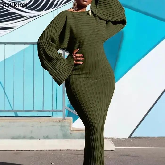 Femmes automne manches chauve-souris tricoté côtelé Robe longue moulante solide élégant col rond
