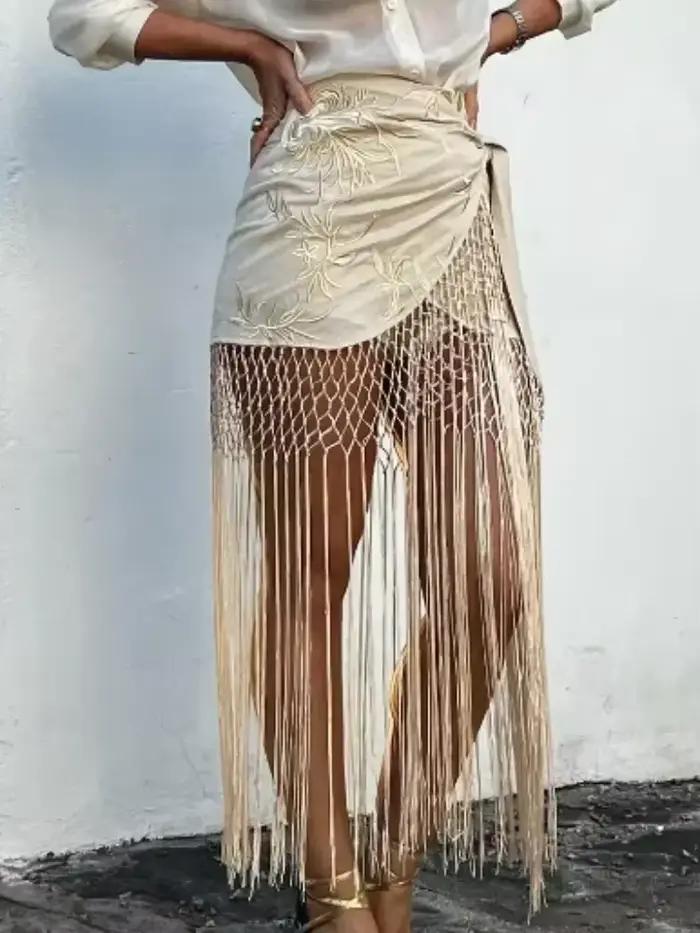 Mini jupe à franges brodée pour femmes