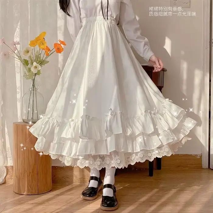 Jupe femme Vintage français élégant à volants Double couche demi-jupe Lolita jupes longues femmes mode 2023 a-ligne