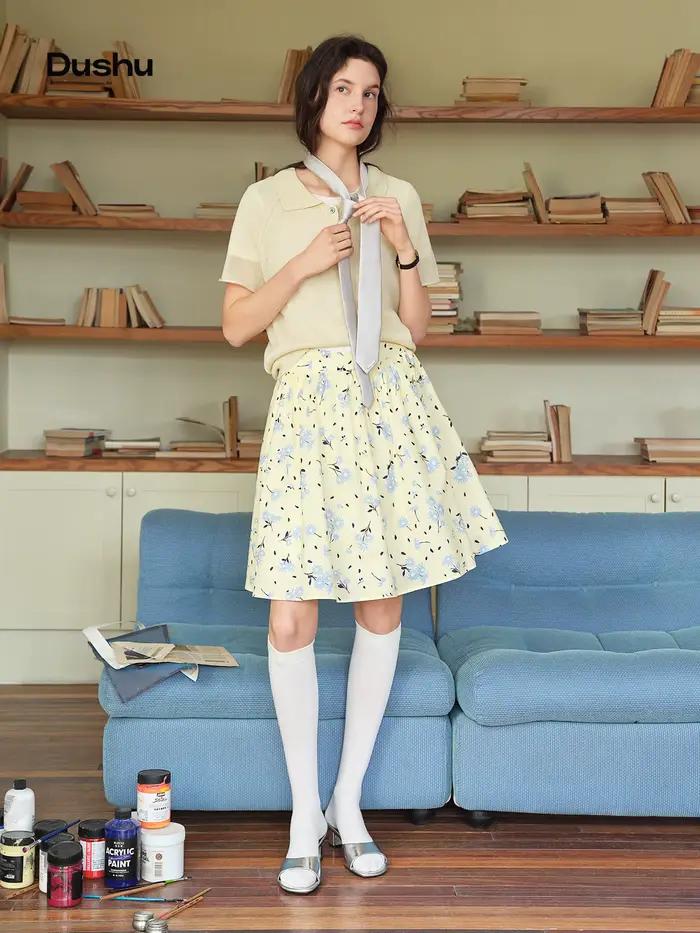 Jupe DUSHU Chic Daisy imprimée jaune taille haute décontractée pour femmes sorties nocturnes été 2026 coton polyvalent trapèze floral