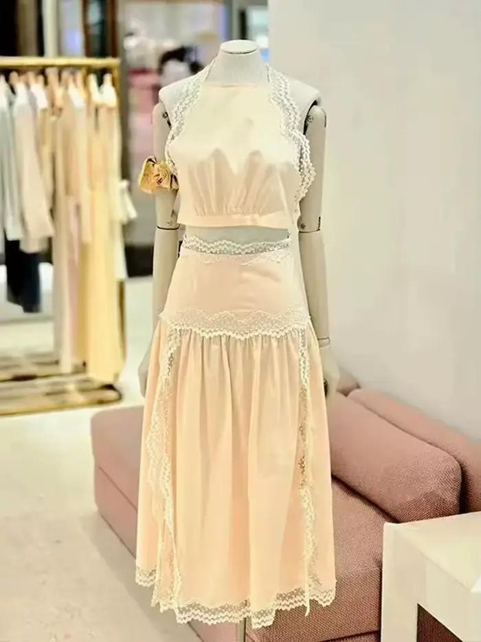 Jupe mi-longue évasée à taille haute femme décontractée en coton avec bordure en dentelle pour printemps été occasions estivales