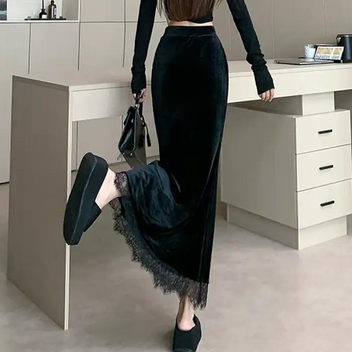 Jupe en velours polyvalente pour femmes, style Y2K, streetwear coréen, silhouette trompette, dentelle, saison automne-hiver, confort, occasions spéciales