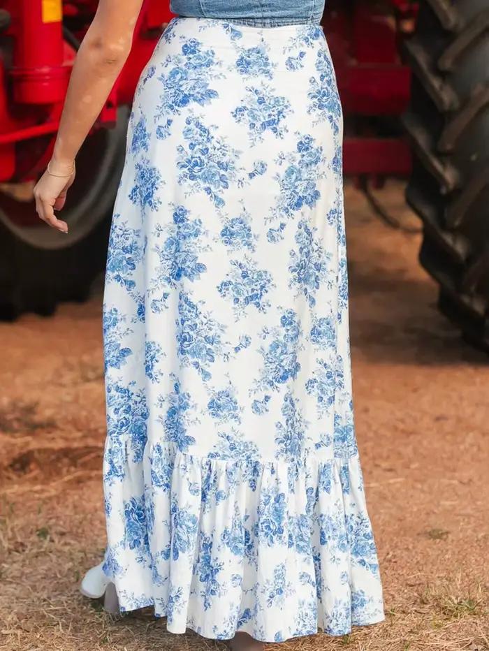 Jupe longue florale blanche et bleue pour femme