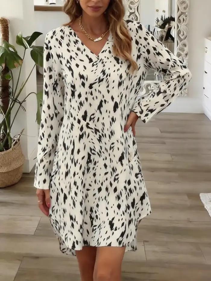 Robe courte à imprimé léopard pour femme, col en V, manches longues, ourlet asymétrique, coupe ample, polyester, tendance, décontractée, occasions spéciales