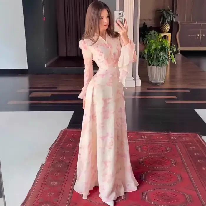 Robe longue pour femme, style streetwear, imprimé floral, coupe trapèze, col en V, manches évasées, coupe ajustée, élégante, avec empiècements, pour soirée, 2026