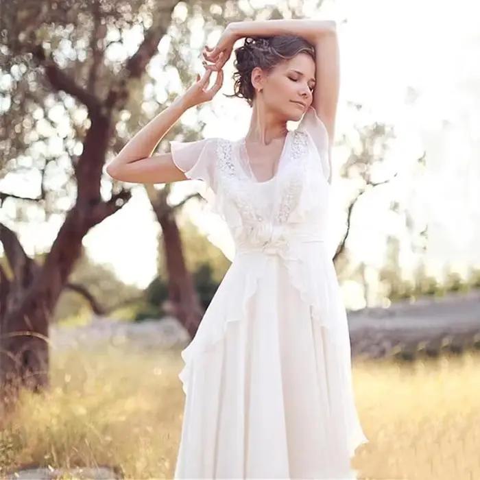 Robe de Mariée Bohème Hippie Personnalisable Plage Dos Nu En Mousseline De Soie Pour Femmes Enceintes Occasions Spéciales