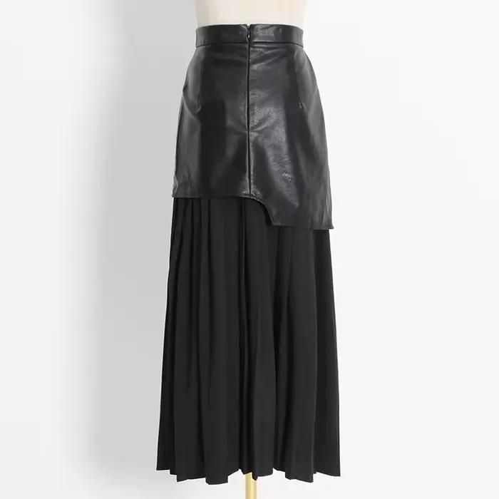 Nouvelle jupe plissée color-block avec inserts en cuir pour femme