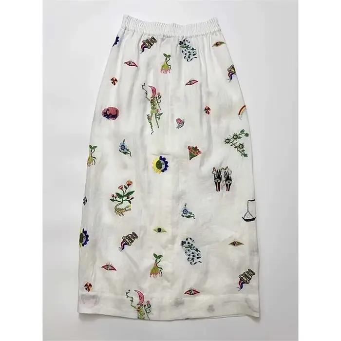 Jupe trapèze en lin doux beige pour femmes, décontractée, imprimée amusante, bouton avant, coupe trapèze, silhouette harmonieuse, été printemps, ajustement lâche, longueur mini, marque LDKVGSU