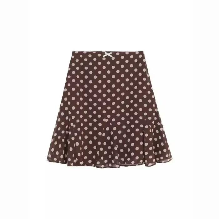 Jupe courte trapèze marron à pois pour femme