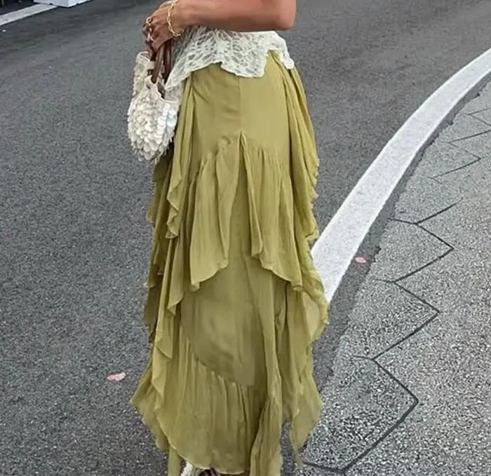 KONDALA Vintage plissé solide vert élégant femme jupes longues mode 2025 été a-ligne taille élastique plis Chic Mujer