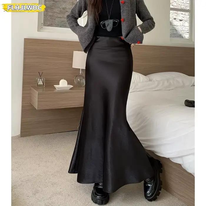 2025 Dernière jupe sirène lumineuse de style coréen parfaite pour minceur façonnant femme automne printemps taille haute sexy longues jupes maxi