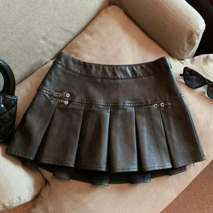 Jupe plissée en cuir PU américain pour femmes