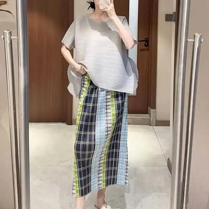 Jupe midi plissée à carreaux colorés pour femme, taille haute, fente latérale, jupe décontractée
