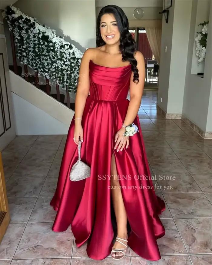 SSYTENS rouge bretelles robes de soirée fente Satin Occasion formelle robes de bal femme longue une ligne robes de fête de mariage personnalisé