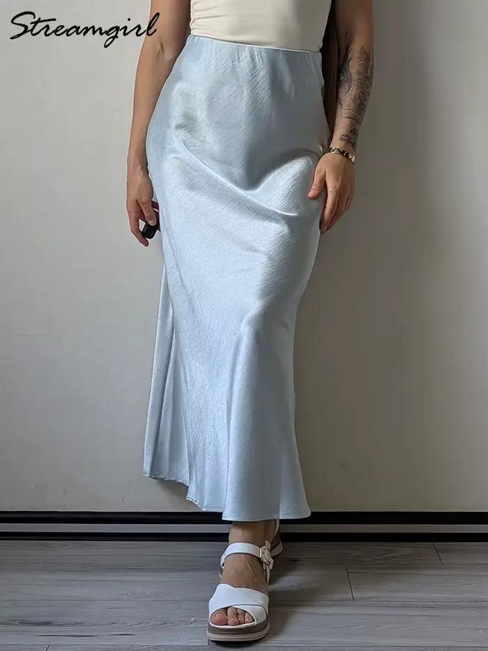 Streamgirl rose soie jupes pour femmes Midi bleu clair jupe Satin haute qualité luxe