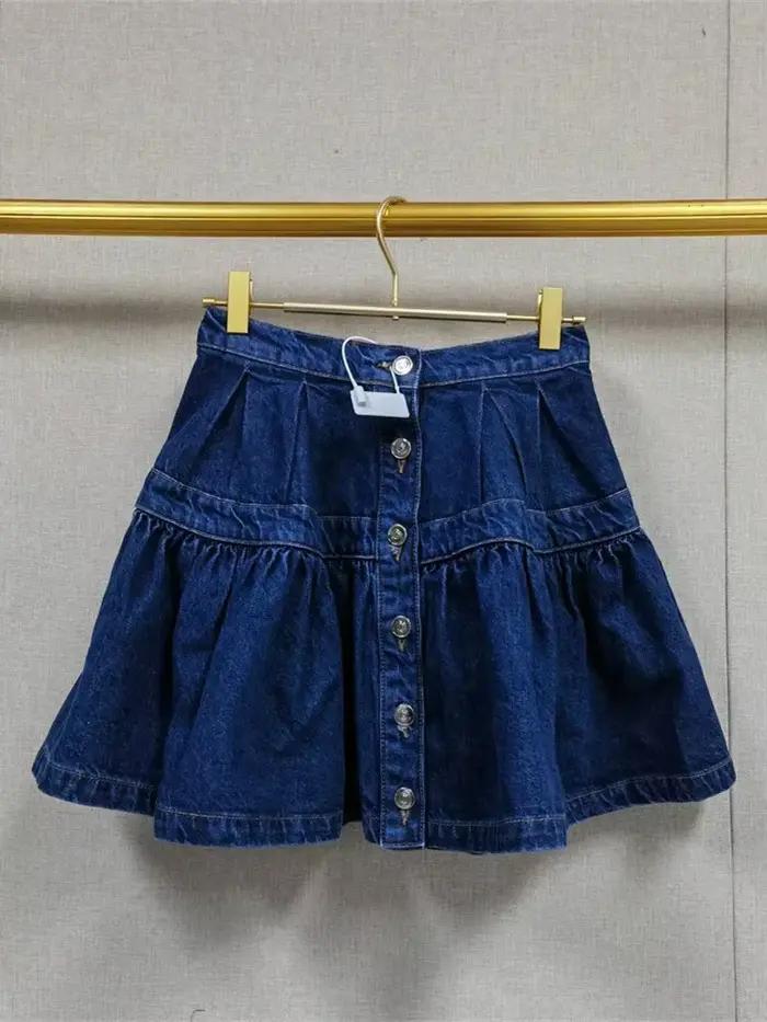 Jupe Courte Plissée en Jean Bleu Taille Haute pour Femme