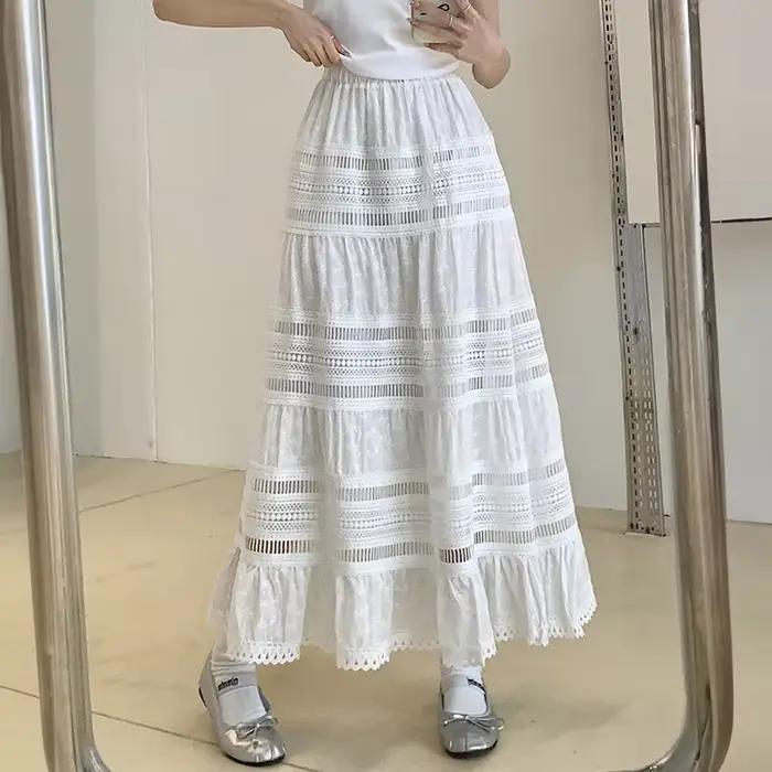 Jupe Maxi Découpée À Œillets Brodés En Polyester Style Bohème Pour Vacances D'été Occasions Spéciales