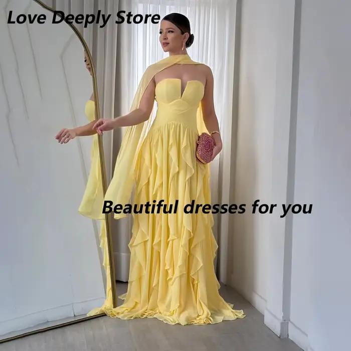 Robe de soirée jaune personnalisée, col cœur, en mousseline de soie, à volants, coupe trapèze, longueur ras du sol, robe de soirée formelle élégante pour bal de promo