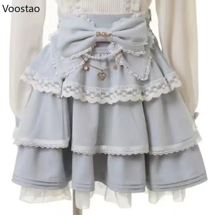 Mini jupe Lolita japonaise élégante avec nœud et chaîne de perles pour femmes, occasion spéciale gothique Y2K et dentelle