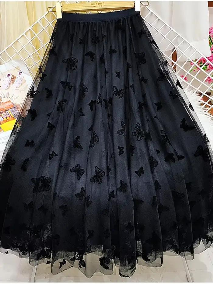 Jupe longue en tulle floqué papillon pour femme