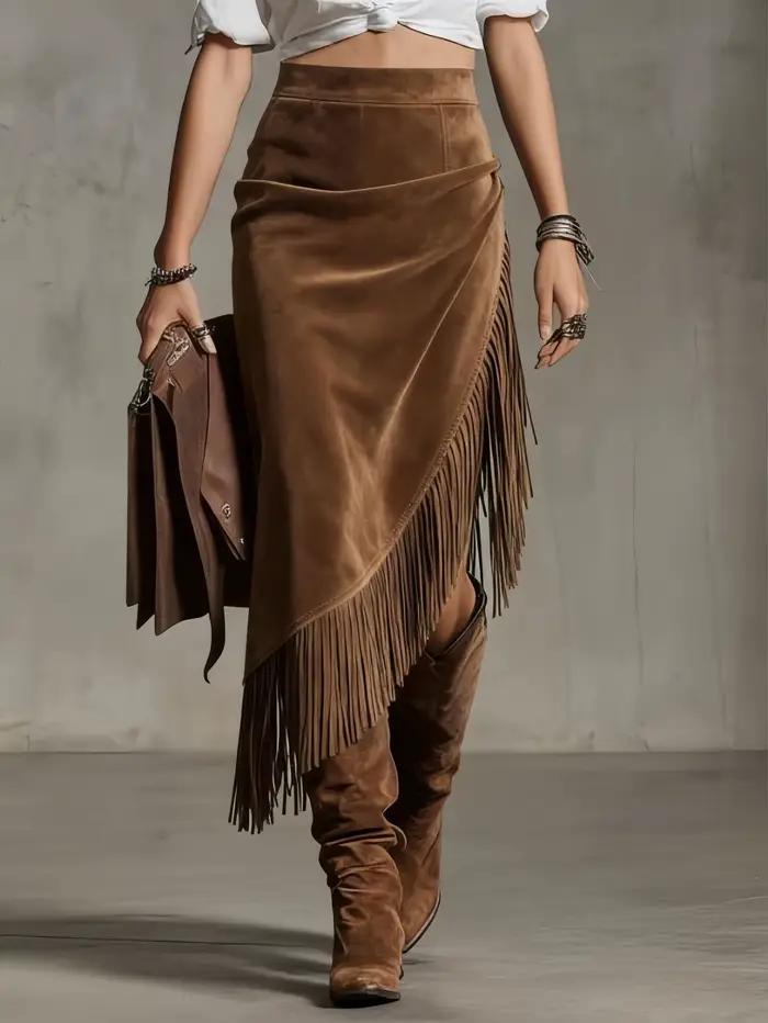 Vintage gland daim jupe femmes taille haute a-ligne irrégulière Midi Chic jupes élégant mode Streetwear Patchwork