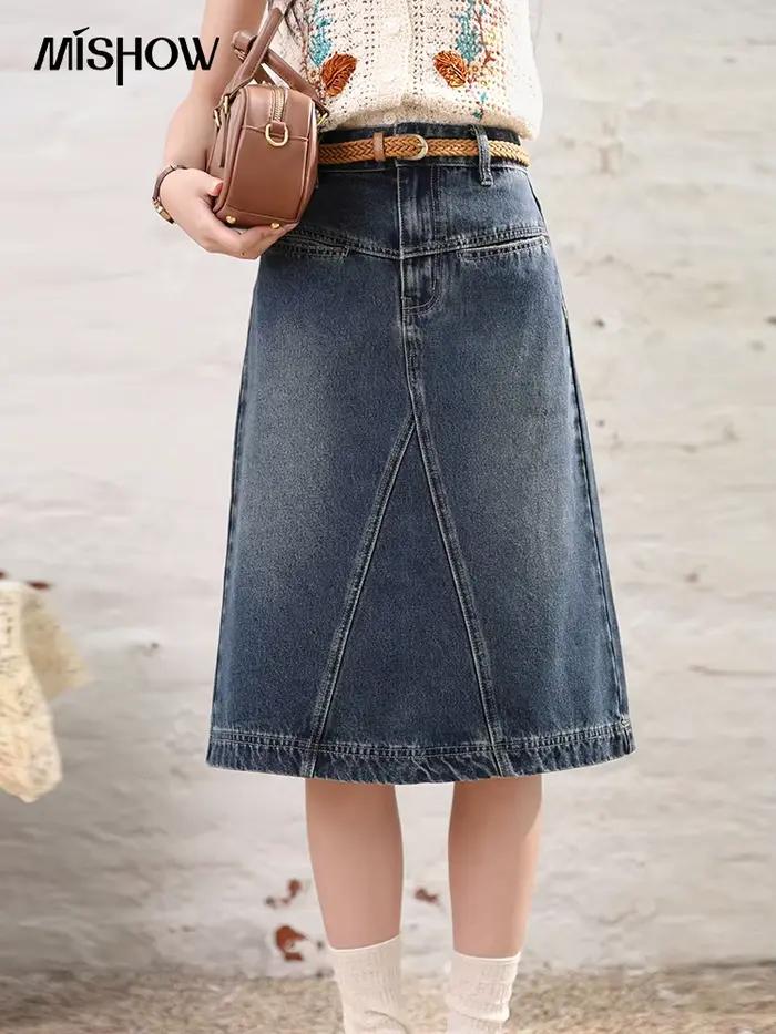 Jupe trapèze en denim avec poches brodées