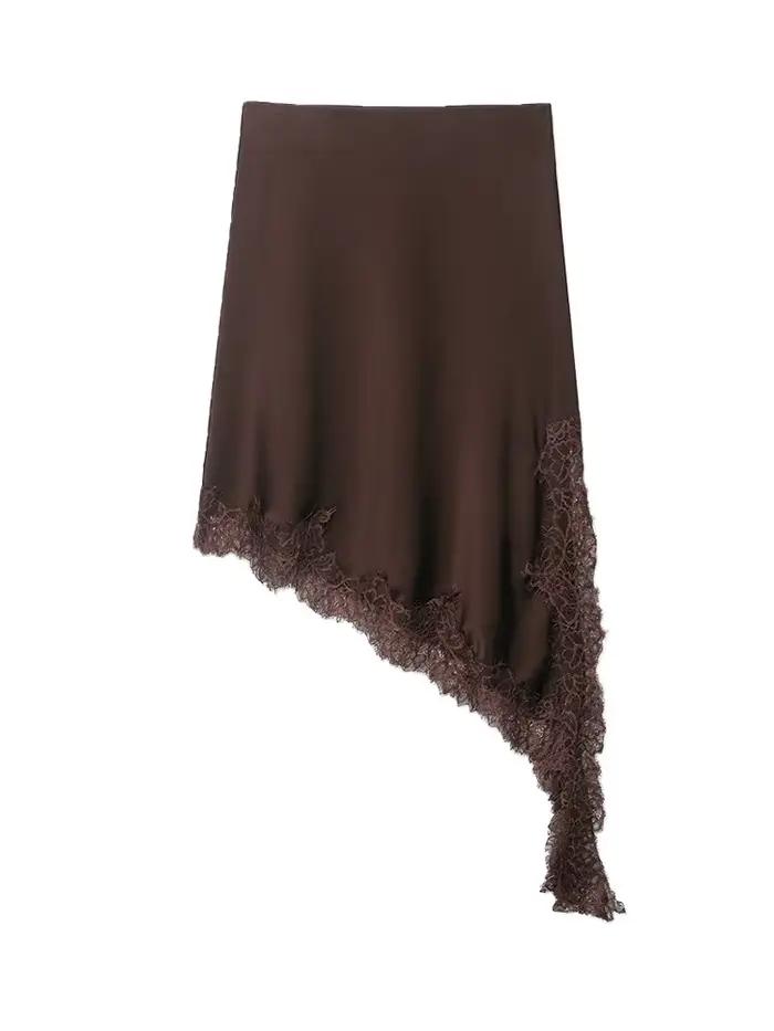 Jupe asymétrique taille haute en dentelle pour femme avec fermeture éclair latérale