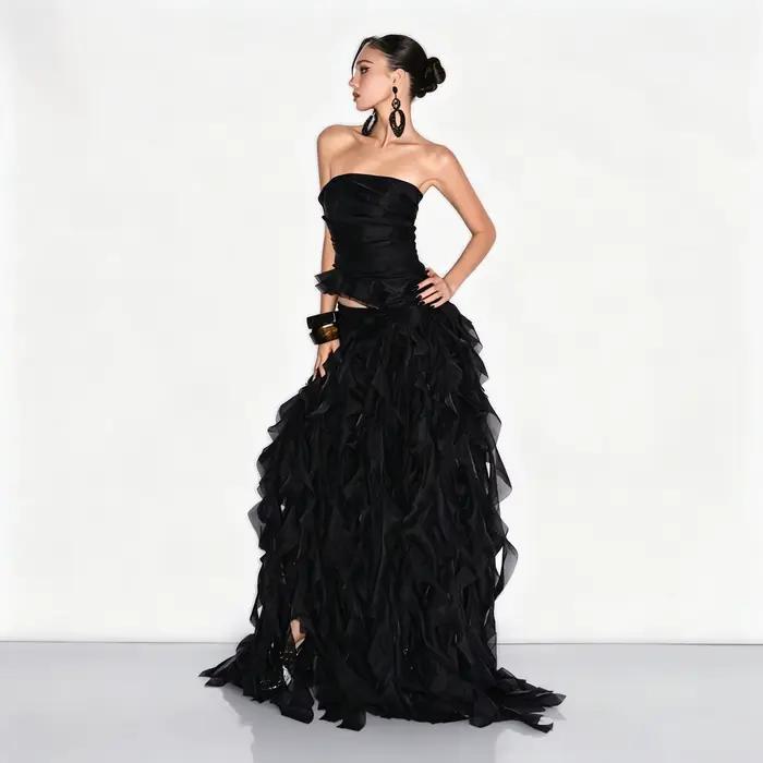 Jupe longue en organza noir fluide