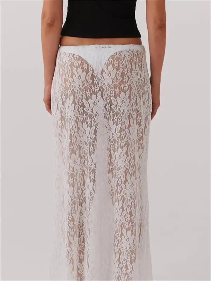 Jupe en dentelle polyester pour femmes, style Y2K, coupe régulière, longueur cheville, élégante, soirée sur la plage, été