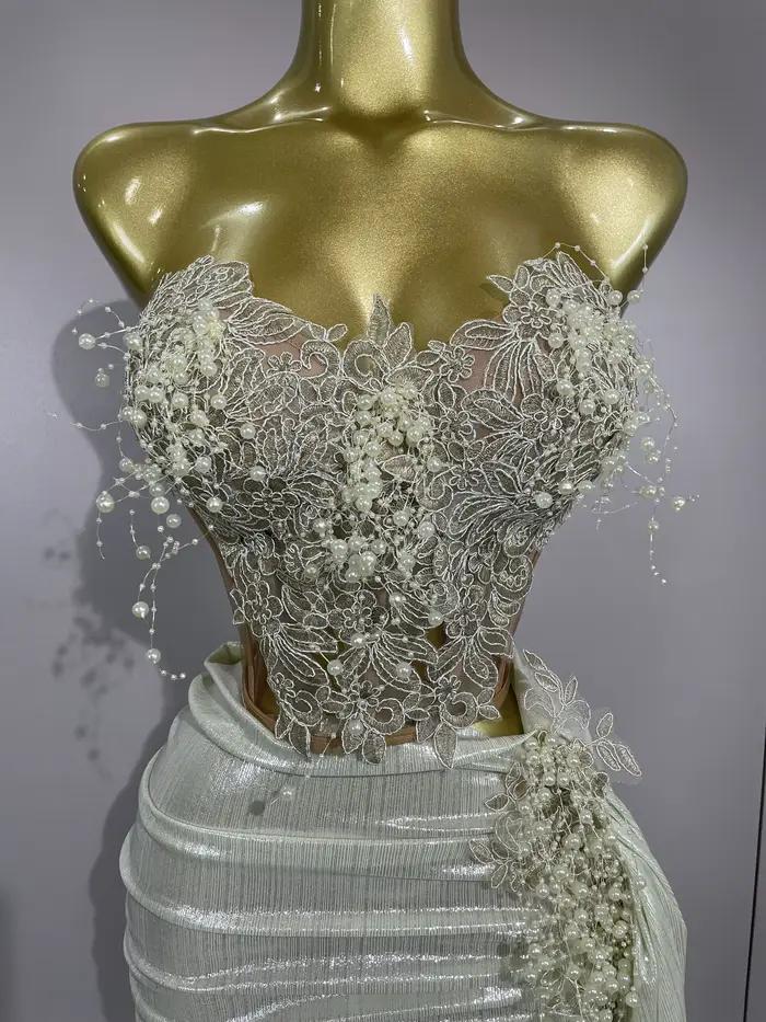 STOCK luxe perles brillantes Sexy jupe asymétrique 2 pièces ensemble 2025 femmes soirée fête d'anniversaire scène danseur Performance Costume