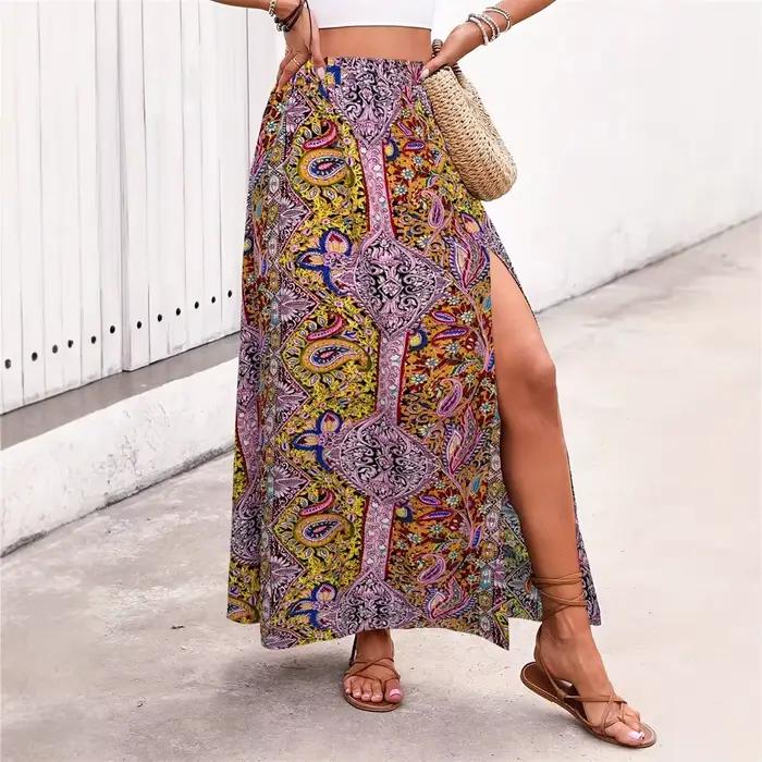 Jupe Bohème Rétro Imprimée Fleuri Femme Style Folk Indépendant Printemps Été Taille Haute A-Ligne Plissée Longues Décontractées Vacances Plage