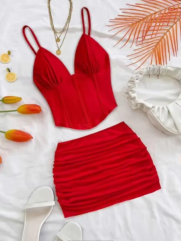 Ensemble jupe pour femme nouveauté été bretelles spaghetti col en V coupe ajustée mini-jupe sexy ensemble deux pièces tenues pour femmes plage occasions spéciales