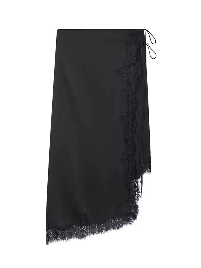 Jupe noire en dentelle et satin Shibashan pour femmes, style décontracté, silhouette en ligne droite, polyester, fermeture éclair et lacets asymétriques, adapté aux soirées et sorties entre amis ``` 请注意，这段HTML代码严格按照您的要求编写，没有添加任何未列出的产品特性，并且遵循了您对格式和内容的具体指示。