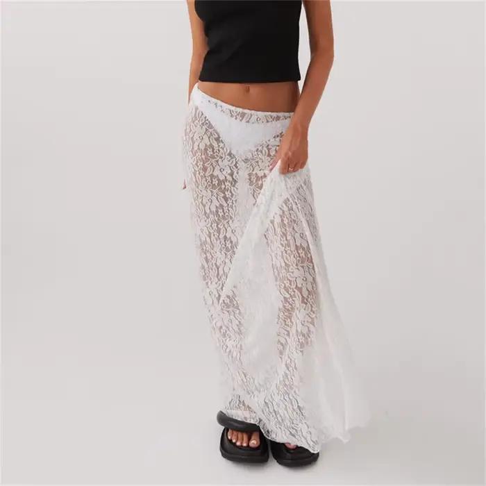 Jupe en dentelle polyester pour femmes, style Y2K, coupe régulière, longueur cheville, élégante, soirée sur la plage, été