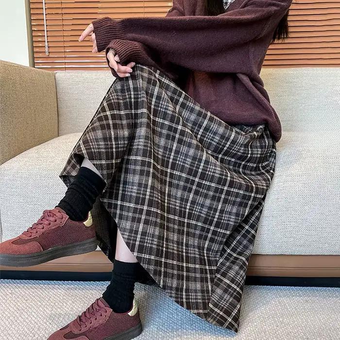 Jupe longue plissée pour femmes style preppy taille haute mi-longue texture coréenne streetwear jupe à carreaux automne hiver occassions spéciales