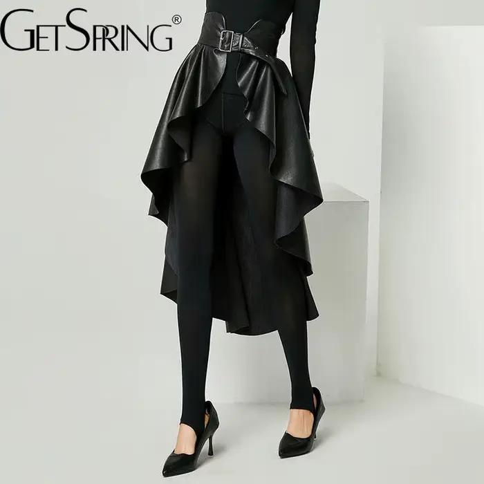 Getspring-Jupe en cuir PU taille haute pour femme